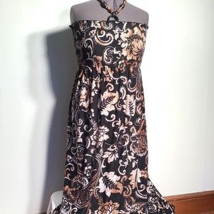 Just Love Women's Bohemian Black Print Maxi Beaded Neckline Dress Size XL